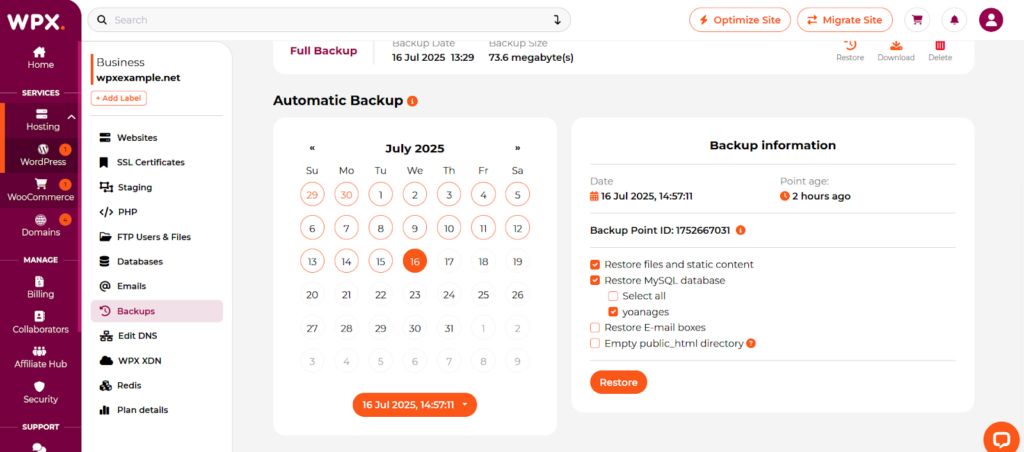 Automatic daily backup feature on WPX Managed WordPress Hosting