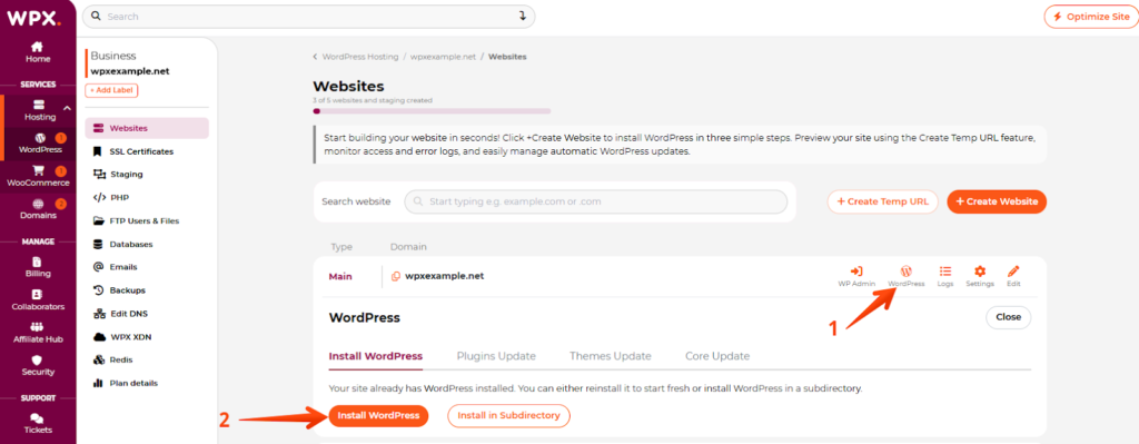 one-click WordPress install in WPX