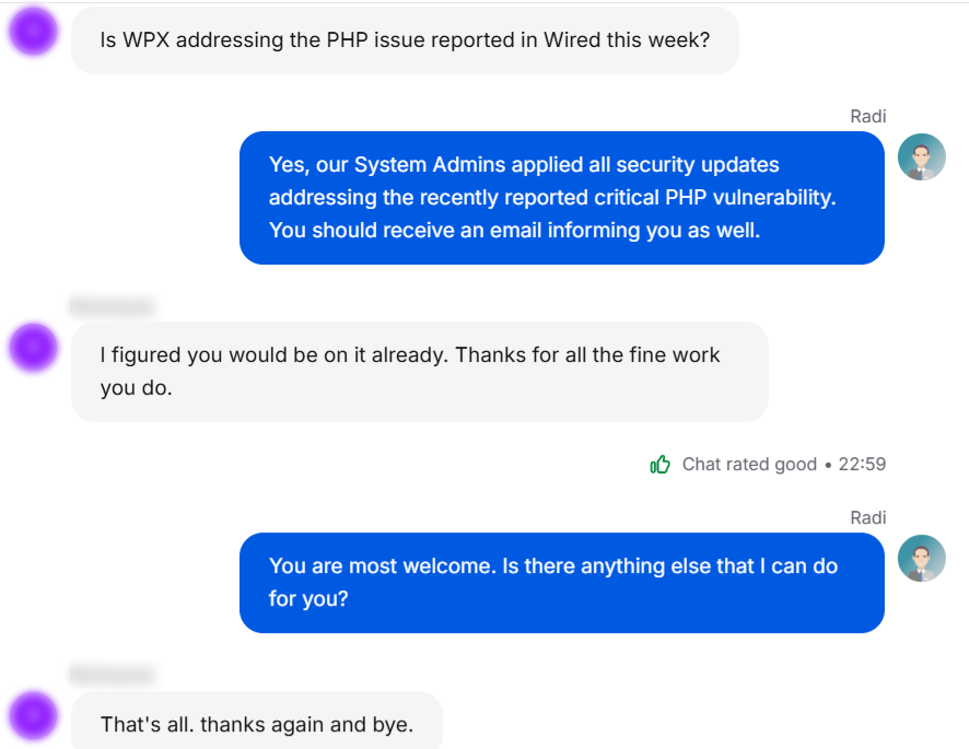 WPX customer, on Live chat, 21 October 2026.